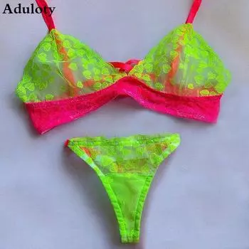 Aduloty женский комплект сексуального нижнего белья, флуоресцентное зеленое сердце, вышивка в горошек, треугольная чашка, тонкий бюстгальтер, стринги, эротическое нижнее белье S флуоресцентный зеленый