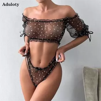 Aduloty женский комплект сексуального нижнего белья с деревянным краем уха и галстуком-бабочкой с одной линией шеи, средним рукавом, пляжная девушка с сеткой, эротическое нижнее белье S