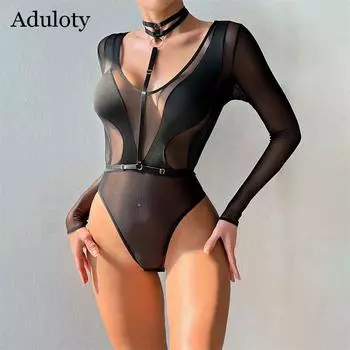 Aduloty женский весенне-осенний новый сетчатый комбинезон с длинными рукавами и полой перспективой, висящий комбинезон с v-образным вырезом, тонкое нижнее белье S чёрный
