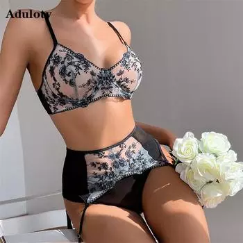Aduloty женское эротическое нижнее белье с цветочной вышивкой сексуальный бюстгальтер универсальный комплект из трех предметов летнее тонкое перспективное нижнее белье S чёрный