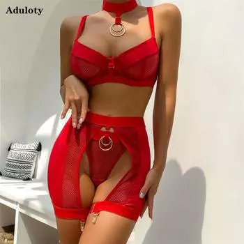 Aduloty женское эротическое нижнее белье, тонкий бюстгальтер на косточках, комплект из четырех предметов, сетчатое, с полой перспективой, соблазнительное сексуальное женское белье для ночного клуба S