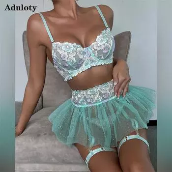 Aduloty женское сексуальное нижнее белье с фрагментарными цветами изысканный сетчатый бюстгальтер с вышивкой и рюшами по краю юбка-пончо эротический комплект нижнего белья S синий