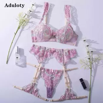 Aduloty женское сексуальное нижнее белье изысканный комплект с бюстгальтером с цветочной вышивкой летний тонкий срез перспективные стринги с подвязками эротическое белье S фиолетовый