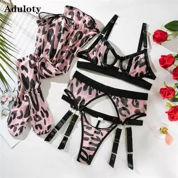 Aduloty женское сексуальное нижнее белье с диким леопардовым узором, сетчатое полое эротическое нижнее белье, тонкий перспективный бюстгальтер, комплект из четырех предметов с чулками S розовый