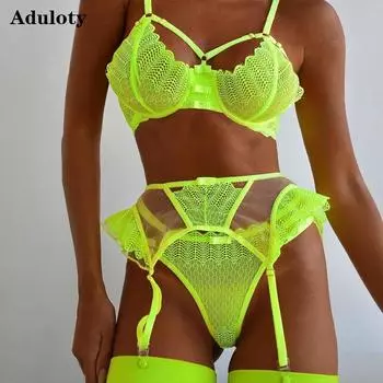 Aduloty женское сексуальное нижнее белье, новый флуоресцентный зеленый стальной комплект с тонким бюстгальтером, комплект с полой сеткой, перспективный эротический комплект нижнего белья S