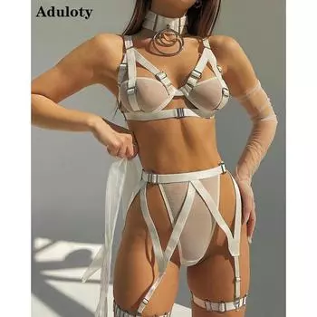 Aduloty женское сексуальное нижнее белье, летнее тонкое нижнее белье с открытой перспективой, кружевное эротическое белье на косточках, бюстгальтер с подвязками, стринги, комплект из 3 предметов S