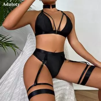 Aduloty женское сексуальное нижнее белье треугольная чашка без косточек бюстгальтер искушение летние тонкие кольца на шею стринги кольцо с подвязками эротический комплект нижнего белья S