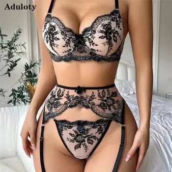 Aduloty женское сексуальное нижнее белье кружевное сетчатое перспективное эротическое белье с вышивкой на косточках собранный бюстгальтер с подвязками комплект S