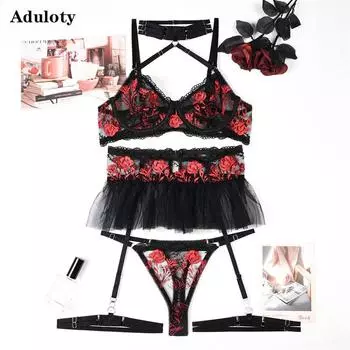 Aduloty женское сексуальное нижнее белье с цветочной вышивкой, сетчатая бретелька на бретельках, тонкое летнее искушение, эротическое белье на косточках, комплект из четырех S