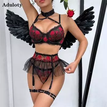 Aduloty женское сексуальное нижнее белье с цветочной вышивкой, сетчатая бретелька на бретельках, тонкое летнее искушение, эротическое белье на косточках, комплект из четырех S