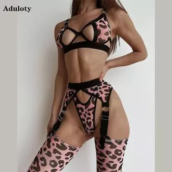 Aduloty женское сексуальное нижнее белье с диким леопардовым узором, сетчатое полое эротическое нижнее белье, тонкий перспективный бюстгальтер, комплект из четырех предметов с чулками S