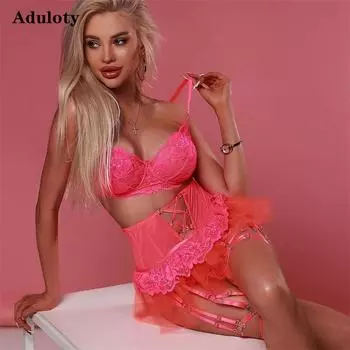 Aduloty женское сексуальное нижнее белье тонкое перспективное кружевное вставка сетчатая пышная юбка с ремешком на косточках летний эротический комплект нижнего белья с бюстгальтером S