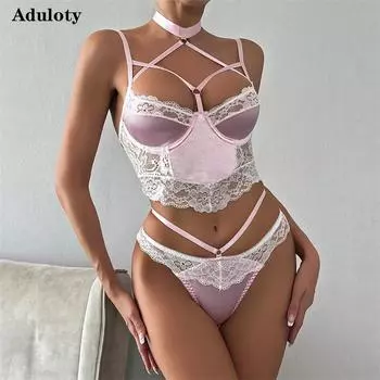 Aduloty женское сексуальное нижнее белье для девочек розовое тонкое кружевное вставка с подвесным воротником бюстгальтер сетчатое перспективное эротическое белье комплект из двух предметов S