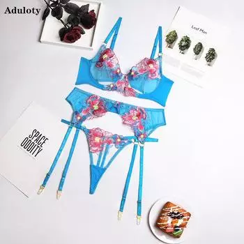 Aduloty женское сексуальное женское белье с цветочным кружевом изысканный бюстгальтер с вышивкой летняя секция перспективное эротическое нижнее белье комплект стрингов с подвязками S
