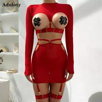 Aduloty женское сексуальное женское белье эротическое 5 шт. с открытым ремешком индивидуальное с длинным рукавом кольцо на верхнюю ногу тонкая сетка нижнее белье костюм S