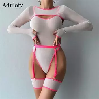 Aduloty женское сексуальное женское белье эластичное перспективное контрастное цветное наружное покрытие с длинными рукавами и ремешком боди эротический комплект нижнего белья S