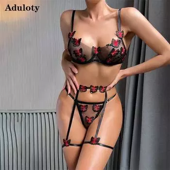 Aduloty женское сексуальное женское белье 3D вышивка бабочки комплект из двух предметов тонкая сетка перспективный бюстгальтер искушение эротическое нижнее белье S