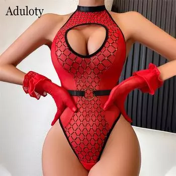 Aduloty женское сексуальное женское белье дизайн Sense ромбовидная сетка с принтом сетчатая вставка с перчатками висит на шее эротическое боди S