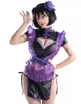 Adult Women Costume Maid Cosplay Costume Sexy Open Chest Heart Cheongsam Dress Lingerie Set Black [Miccostumes] (S, & Purple)