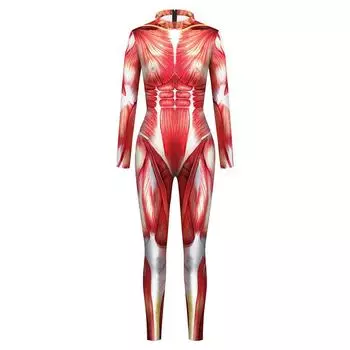 Adults Human Body Muscle One-piece Tights Women Funny Halloween Carnival Party Digital Print Cosplay Jumpsuit Dress Up Costume S