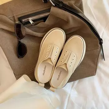 Advanced sense~ height increase 7cm lazy without shoelaces round head thick sole one pedal casual board shoes women s canvas shoes 34