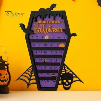 Адвент-календарь на Хэллоуин, деревянная шкатулка, календарь обратного отсчета с привидением, тыквой, кошкой, движущимися знаками, украшения для дома на Хэллоуин для офиса, стола чёрный
