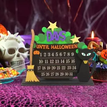 Адвент-календарь на Хэллоуин, кошачья метла, украшение для стола, деревянный, своими руками, тыквенный, движущийся календарь обратного отсчета для домашнего офиса чёрный