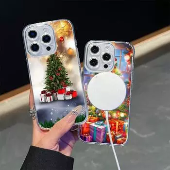 Ae105 Happy New Year art Christmas Magsafe Прозрачные чехлы для Samsung S23 S24 Ultra S21 FE iPhone 16 Pro Max XR Магнитная беспроводная зарядка Задняя крышка for iPhone 7 Plus/8 Plus
