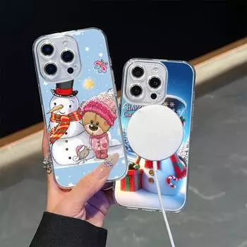 Ae107 Happy New Year Christmas Magsafe Прозрачные чехлы для Samsung S23 S24 Ultra S21 FE iPhone 16 13 Pro Max XR Магнитная беспроводная зарядка Задняя крышка for iPhone 7 Plus/8 Plus