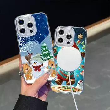 Ae108 С Новым годом, Рождеством, Magsafe Прозрачные чехлы для Samsung S23 S24 Ultra S21 iPhone 16 Pro Max XR Магнитная беспроводная зарядка Задняя крышка for iPhone 7 Plus/8 Plus