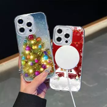 Ae114 Merry Christmas Christmas tree art Magsafe Transparent Cases для Samsung S23 S24 Ultra S21 iPhone 16 Pro Max Magnetic Wireless Charge Back Cover for iPhone 7 Plus/8 Plus