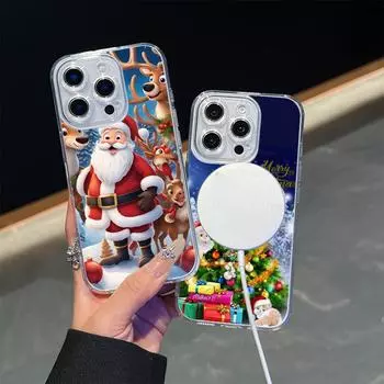 Ae119 Merry Christmas Santa art design Magsafe Transparent Cases для Samsung S23 S24 Ultra S21 FE iPhone16 Pro Max Magnetic Wireless Charge Back Cover for iPhone 7 Plus/8 Plus