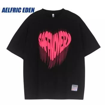 Aelfric Eden Foam Heart Print Oversized Tshirt Streetwear Hip Hop Love Heart Letter Print Tee Shortsleeve Harajuku Casual Cotton S
