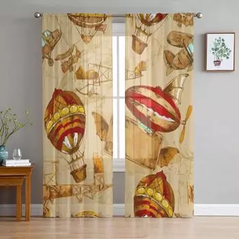 Aeronautic Transport Old Style Aviation Machines Seamless Pattern Tulle Sheer Curtains for Living Room Voile Organza Curtain 135W x 114H(cm)