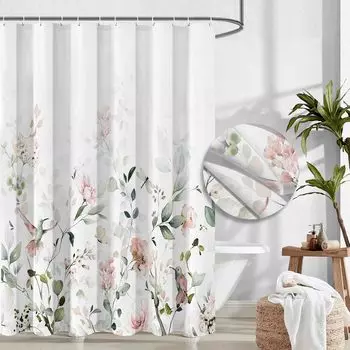 Aesthetic Blooming White Floral Shower Curtain Sets, Watercolor Pink Flowers Birds Butterflies Tropical Bathroom Decorative 72 X 90x180cm