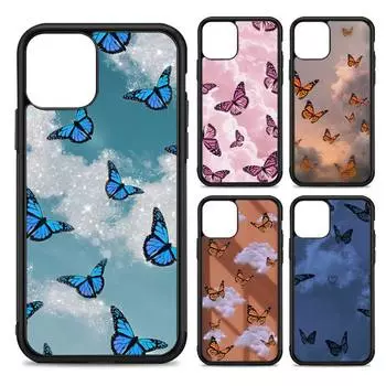 Aesthetic Cloud Sky Butterflies Phone Case Silicone PC+TPU Case for iPhone 11 12 13 Pro Max 8 7 6 Plus X SE XR Hard Fundas iphone 14