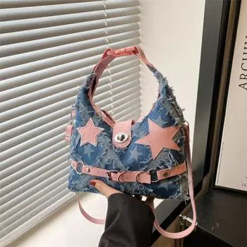 Aesthetic Denim Shoulder Bag Plaid Crossbody Bag Korean Pink Star Handbags Spice Girls Style 4