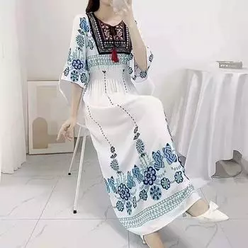 Эстетические свободные платья из хлопка и шелка, модные женские платья с круглым вырезом в стиле ретро, этнические, праздничные, с коротким рукавом, ручная вышивка, темпераментное повседневное длинное платье L синий