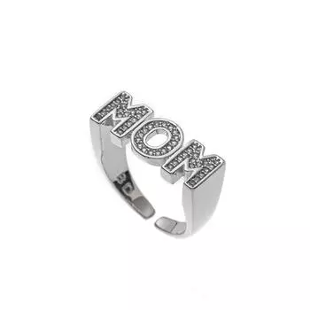 Aesthetic MOM Ring Zinc Zinc Alloy Gift for Mother s Day Trendy Zircon Letter Ring Mom Gift Silver-Blue Zircon