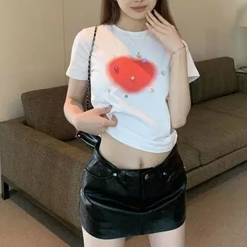 Aesthetics Crop Top Grunge Diamond Short Sleeve T-shirt Slim E-girl Clothes Korean Fashion Streetwear Harajuku L белый
