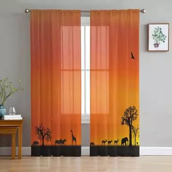 Africa Animal Giraffe Elephant Animal Silhouette Tulle Sheer Curtains Living Room Bedroom Window Curtain Voile Organza Drapes W135 x H115cm x1&Rod Pocket