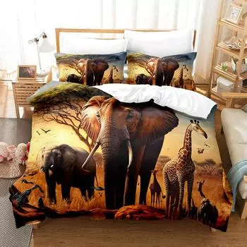 Africa Elephant Bedding Set 3D Print Wild Animals Adult Boy Girl Bedroom Decoration Duvet cover set Single Double Size Bed Linen EU Twin(135x200cm)