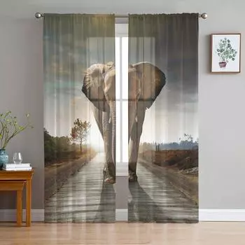 Africa Indian Elephant Sheer Curtains for Living Room Modern Voile Curtain Bedroom Tulle Curtains Window Drapes Decor W135 x H114cm
