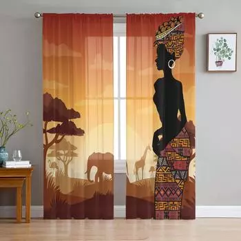 Africa Woman Giraffe Elephant Silhouettes Sheer Curtains for Living Room Decoration Window Curtains Kitchen Tulle Voile Curtains W135 x H115cm x1