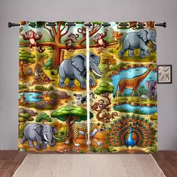 Африканский мультфильм животное слон дети дешевые шторы на окна жалюзи для гостиной детская спальня ванная комната кухня дверь домашний декор W65X60H(cm)X2Pcs&Hook