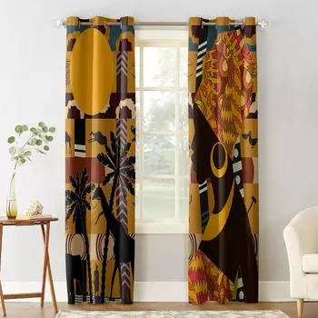 African Female Elephant Giraffe Bedroom Kitchen Curtains Living Room Decoration Items Window Curtains for Living Room 135W x 60H(cm)