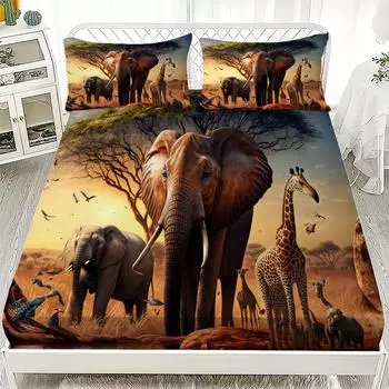 African Savannah Wildlife Style Fitted Sheet Set Soft Breathable Bedding Set Elephant Lion Leopard Printed Mattress Covers 90x200cmx25