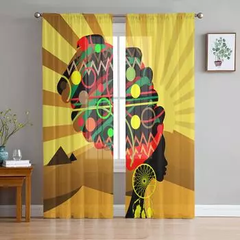 African Woman Silhouette Desert Tulle Curtain Voile Transparent Tulle for Bedroom Living Room Kitchen Sheer Window Curtains W135 x H114cm
