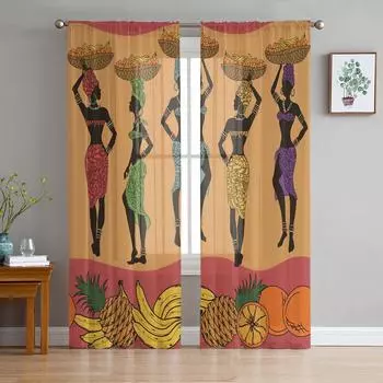 African Women Fruit Basket Ethnic Tulle Sheer Window Curtains for Living Room Kitchen Children Bedroom Voile Hanging Curtain W135 x H114cm
