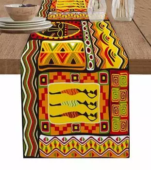 African Women Geometric Shapes Linen Table Runners Kitchen Table Decor Farmhouse Dining Table Runner Wedding Holiday Party Decor 150x33cm 59x13inch